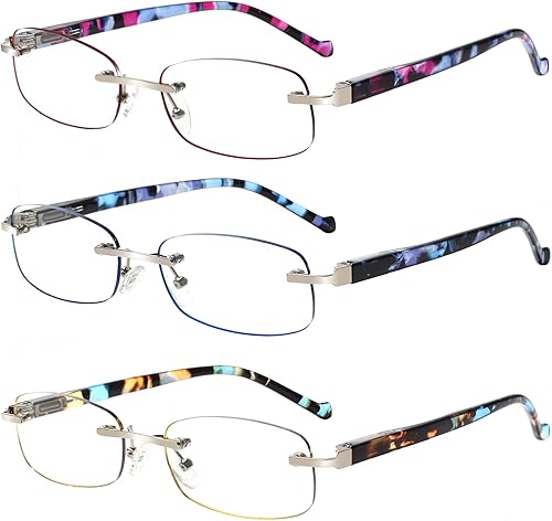 SIGVAN Paquete de 3 lentes de lectura sin montura para mujer, lectores de bisagra de resorte ligeros, anteojos de computadora con bloqueo de luz azul