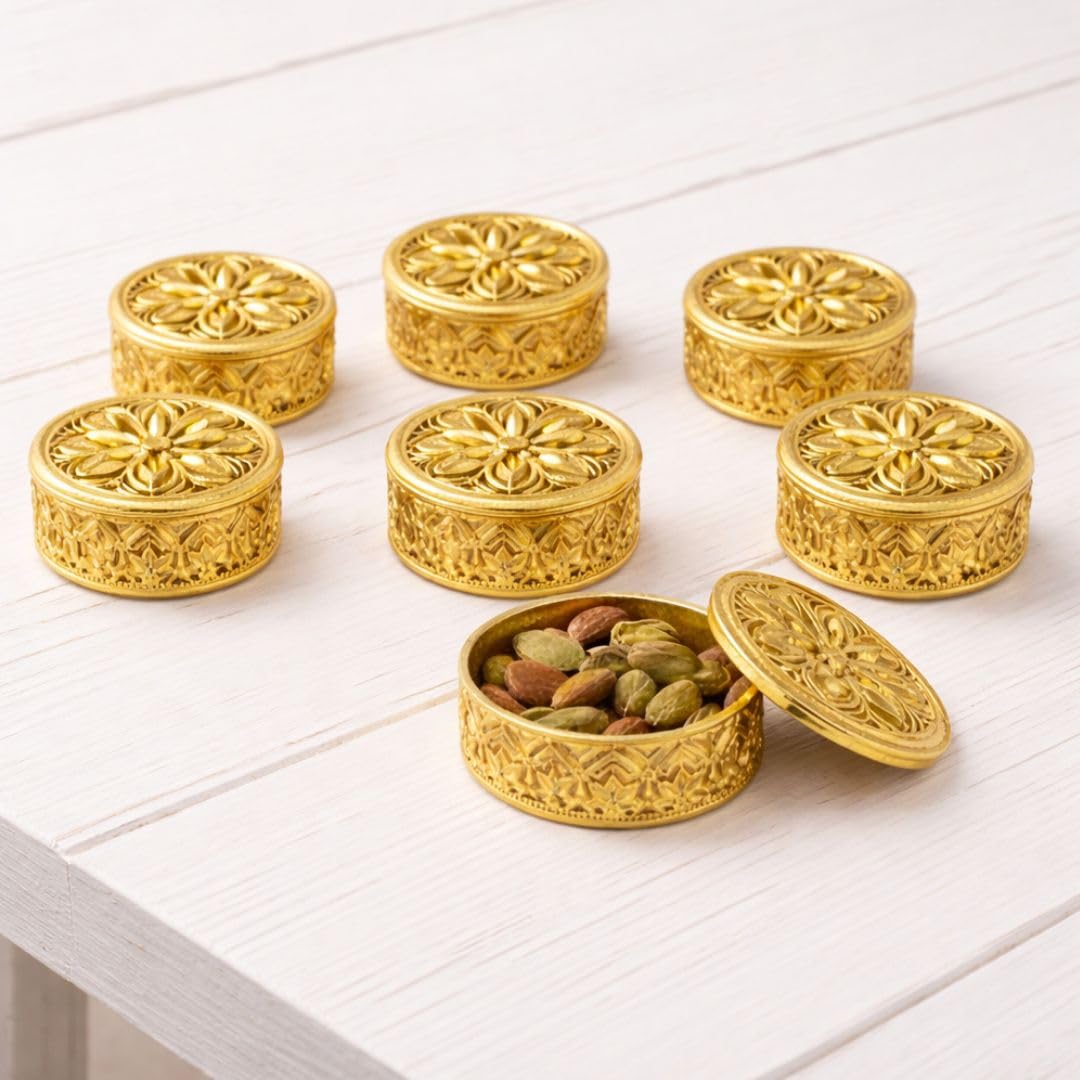 SATYAM KRAFT 6 Pcs Round Acrylic Golden Decorative Gift Boxes | Multipurpose Storage for Wedding, Engagement, Return Gifts, Pooja, Sweets |Favours Box for Traditional & Festive (Big, 8 cm x 3 cm)-picture-13