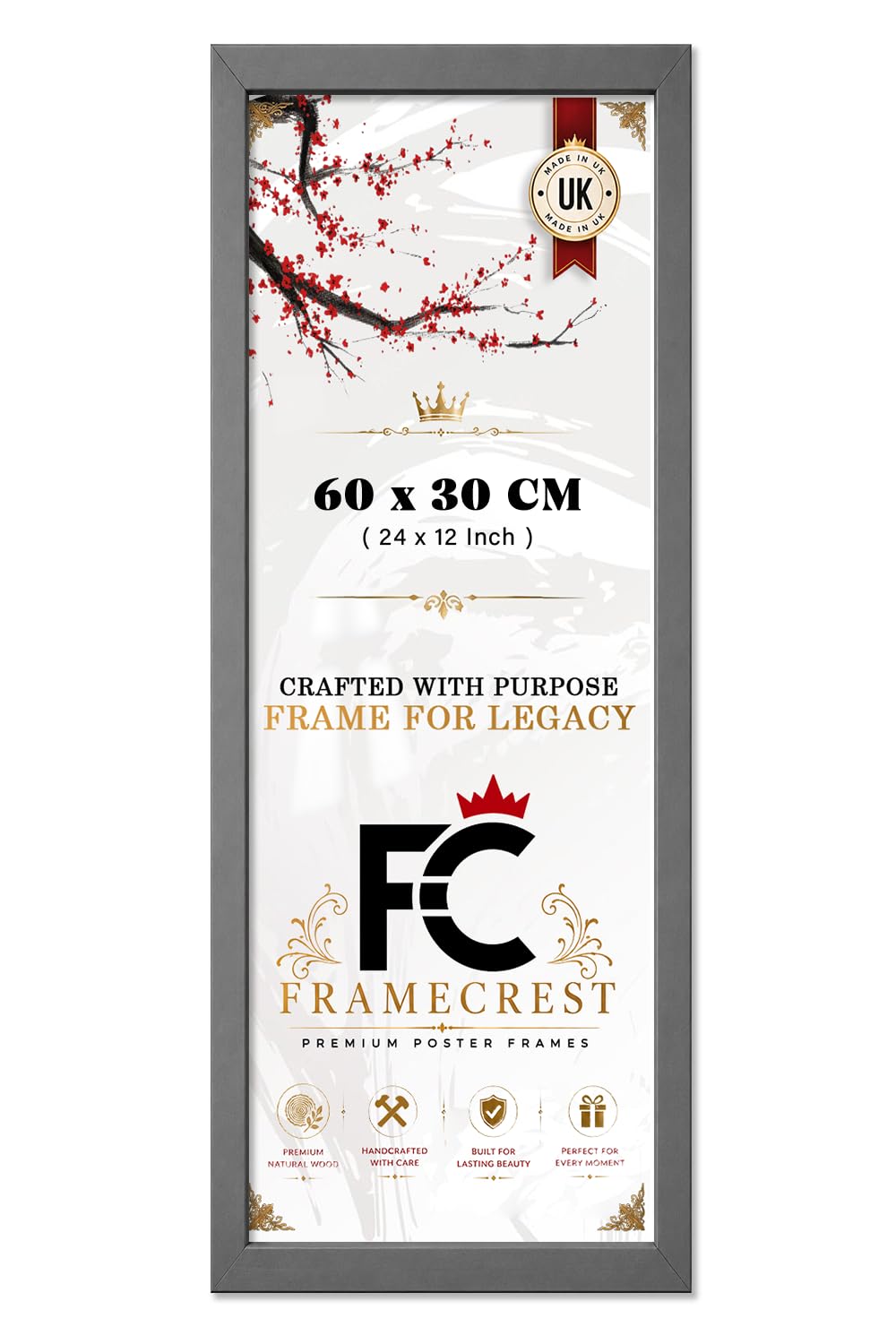 FRAMECREST LTD 30x60cm Poster Frame — Slim Minimalist 30x60cm Photo Display For Portrait Or Landscape, Wall Mounted For Gallery Wall, Office And Living Room Artwork And Decor - [Dark Grey]