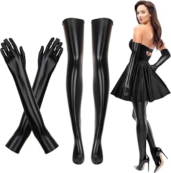 Sexy Black Elastic Spandex Shiny Long Gloves and Black Thigh High Stockings  Women's Costume Set Prom Long Patent Leather Gloves for Christmas Party Halloween Party 1920s Style for Women