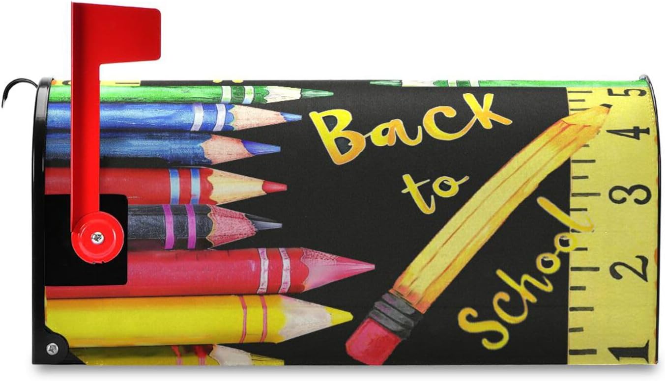 Pfrewn Autumn School Season Back to Mailbox Cover Magnetic Oversized, Colorful Crayon Pencil Ruler Letter Post Box Cover Wrap Decoration Welcome Home Garden Outdoor 25.5" Lx 21" W