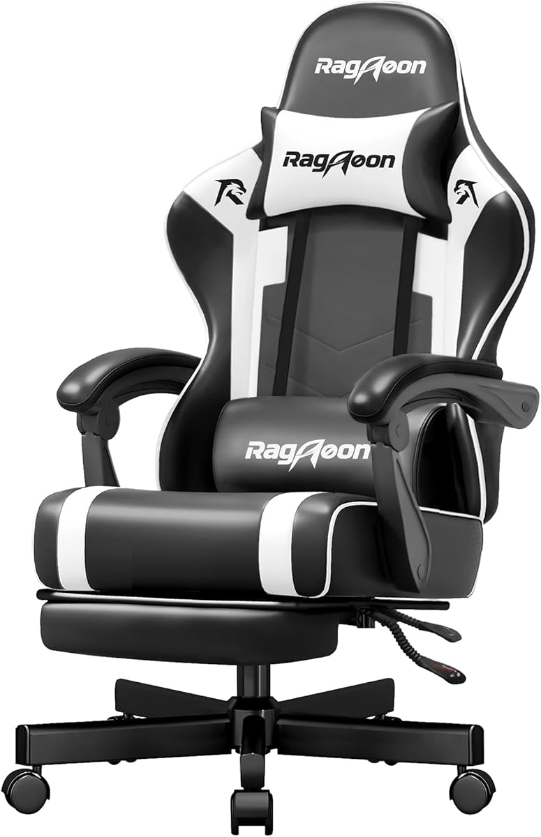 Gaming Stuhl Chair Gamer Sessel - Ergonomischer Gamer Stuhl mit Fußstütze Kopfstütze und Lordosenstütz Höhenverstellbar Gepolstert Gamingstuhl 150 Kg Tragkraft PC Sessel Drehsessel Schwarz
