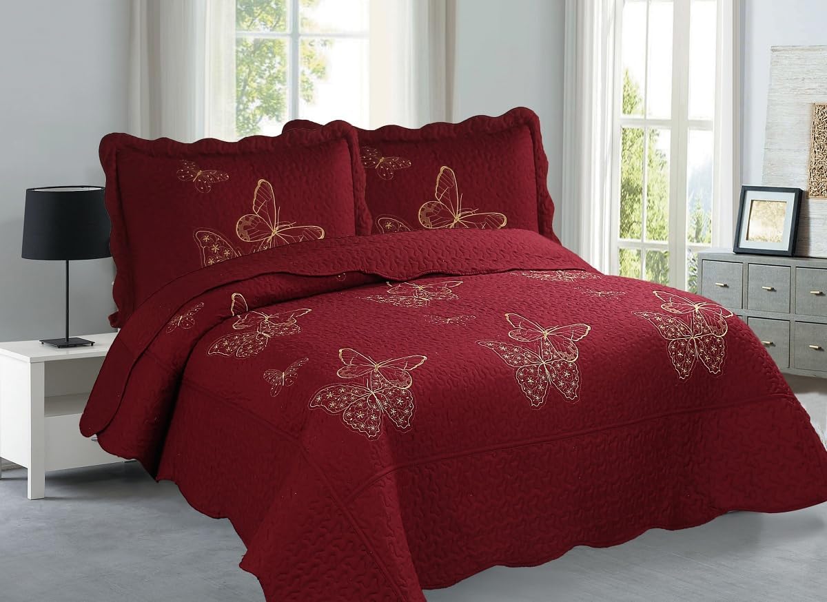 Gorgeous Home Linen Nena Butterfly Embroidery Quilt Set, Heavyweight, Reversible Bedspread, Hypoallergenic (Burgundy, Queen) | Breathable material, Reversible