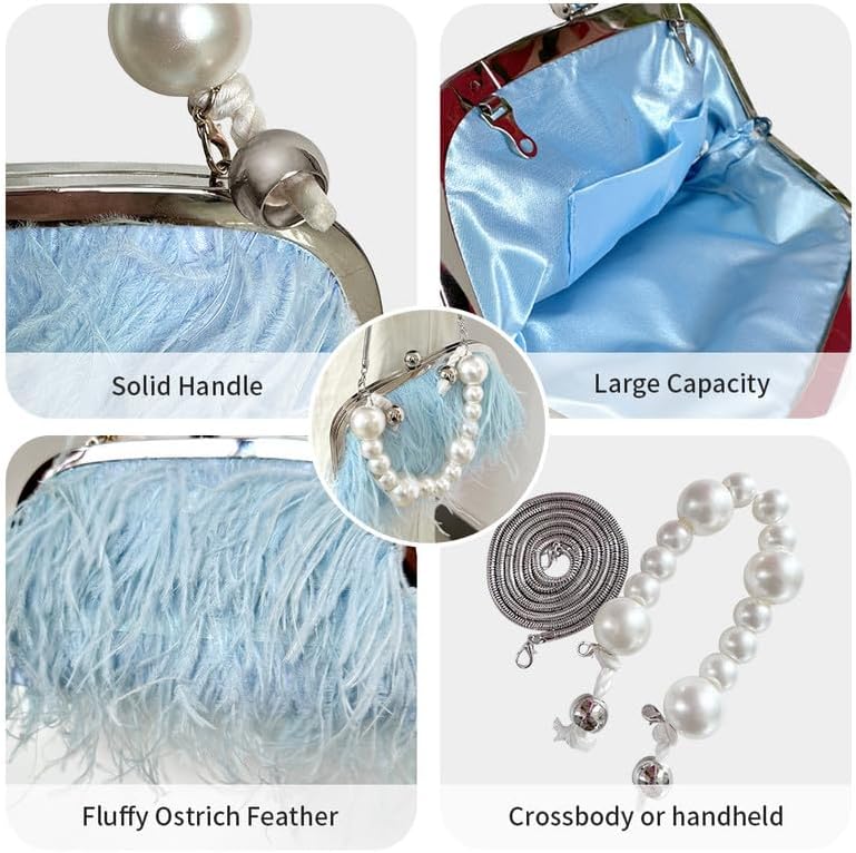 Ostrich Feather Evening Bags Fluffy Clutches for Women, Vintage Pearl Purse Tote Bag for Bridal, Banquet, Party Blue - Image 6