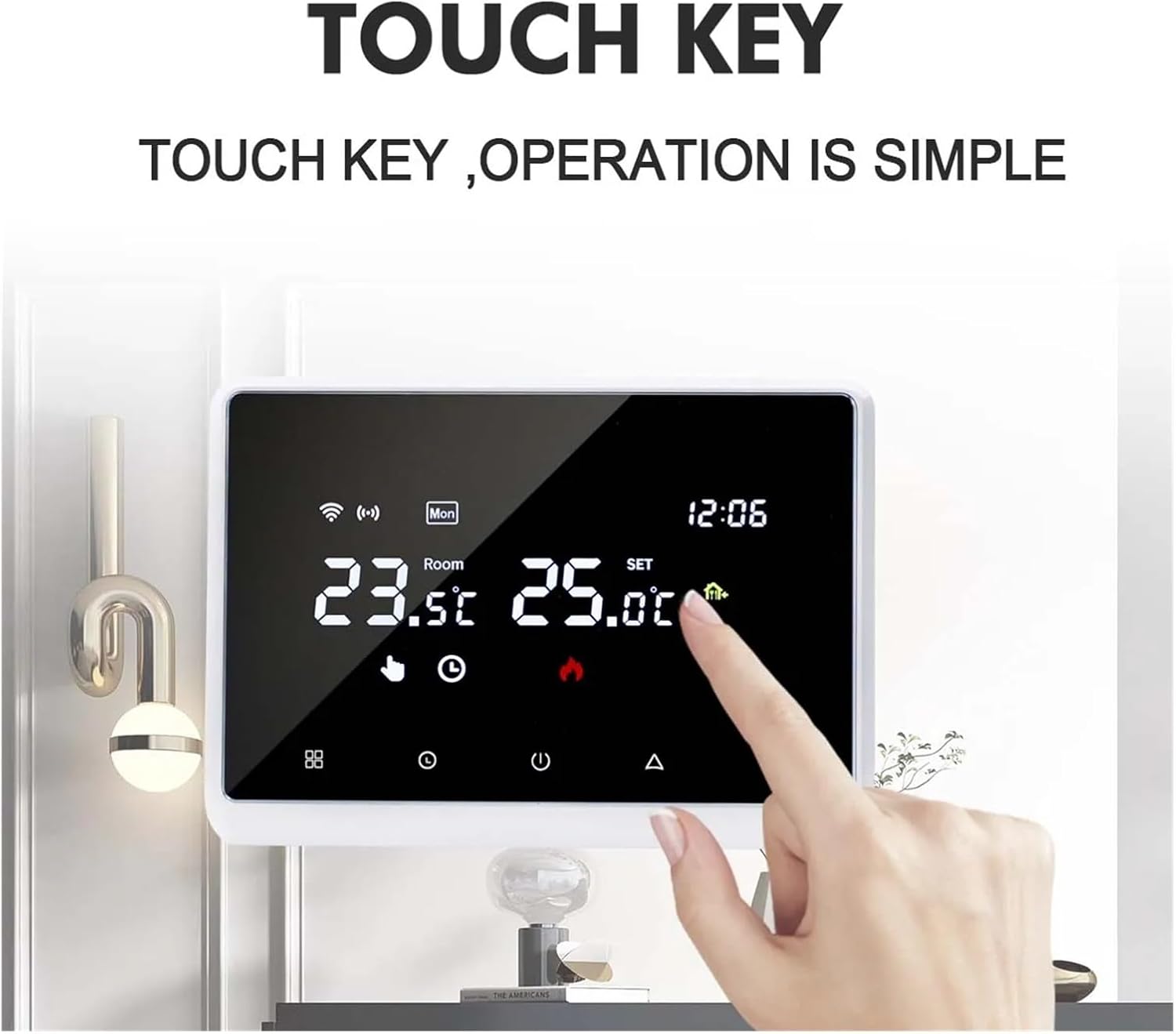 Close-up of HABCGYUR ME98RF Digital Thermostat display with touch keys