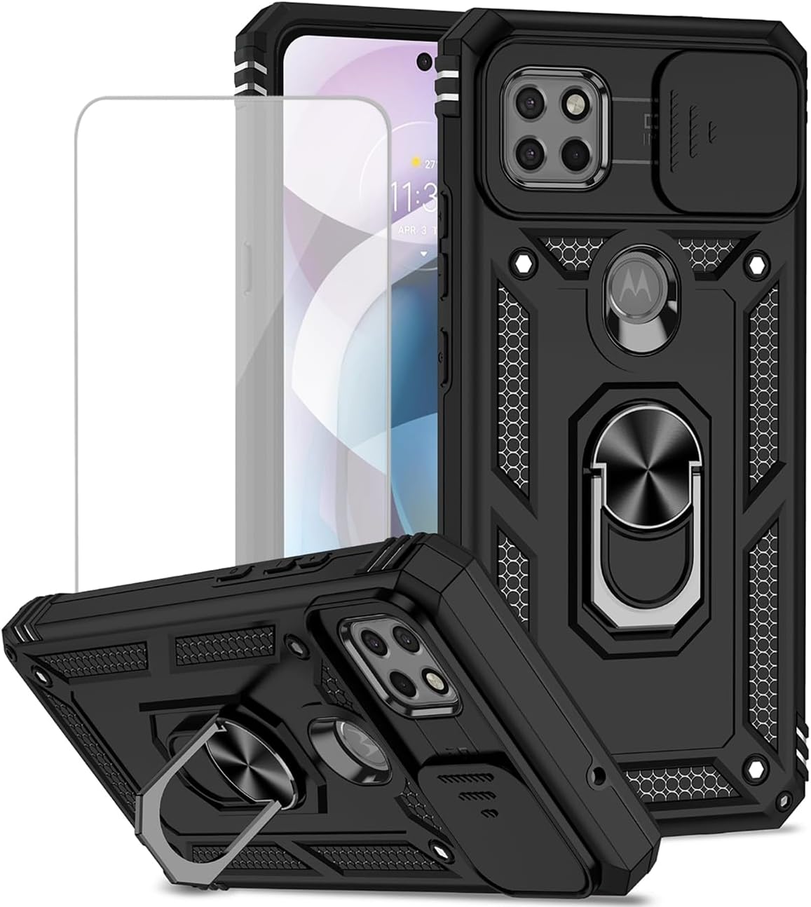 for Moto One 5G Ace/Motorola G 5G XT2113 Case with Tempered Glass Screen Protector and Slide Camera Cover, Magnetic Ring Car Mount Holder Kickstand Cover for Motorola Moto One 5G Ace Black
