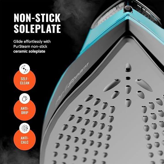 PurSteam SteamTech Elite 1750W Steam Iron, Digital Temp Control & LED Display, Ceramic Soleplate, Adjustable Steam, Self-Clean, Anti-Calc, Anti-Drip, Auto Shut-Off