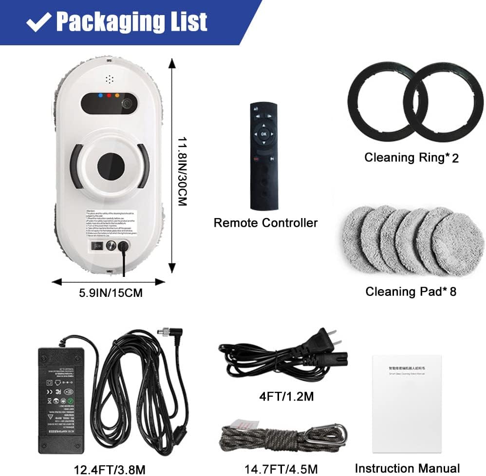 FONOBO S9 Pro Smart Window Cleaning Robot packaging list showing the robot, 8 cleaning pads, 2 cleaning rings, remote control, power adapter, AC power cord, 4.5M safety rope, and English user manual.