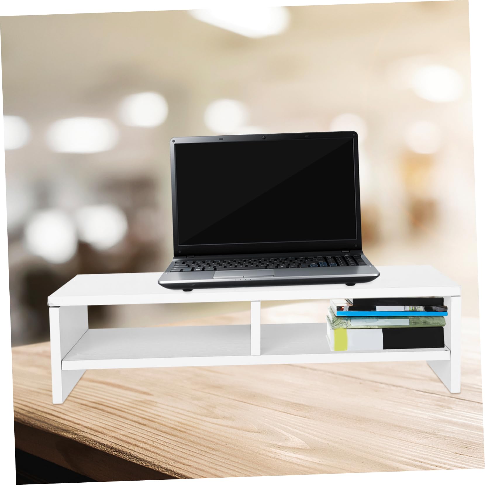 Supporto per Monitor da Scrivania in Legno Bianco Design a Doppio Strato, Rialzo per Computer e Laptop, Organizza Lo Spazio Ufficio in Modo Efficiente e Ordinato