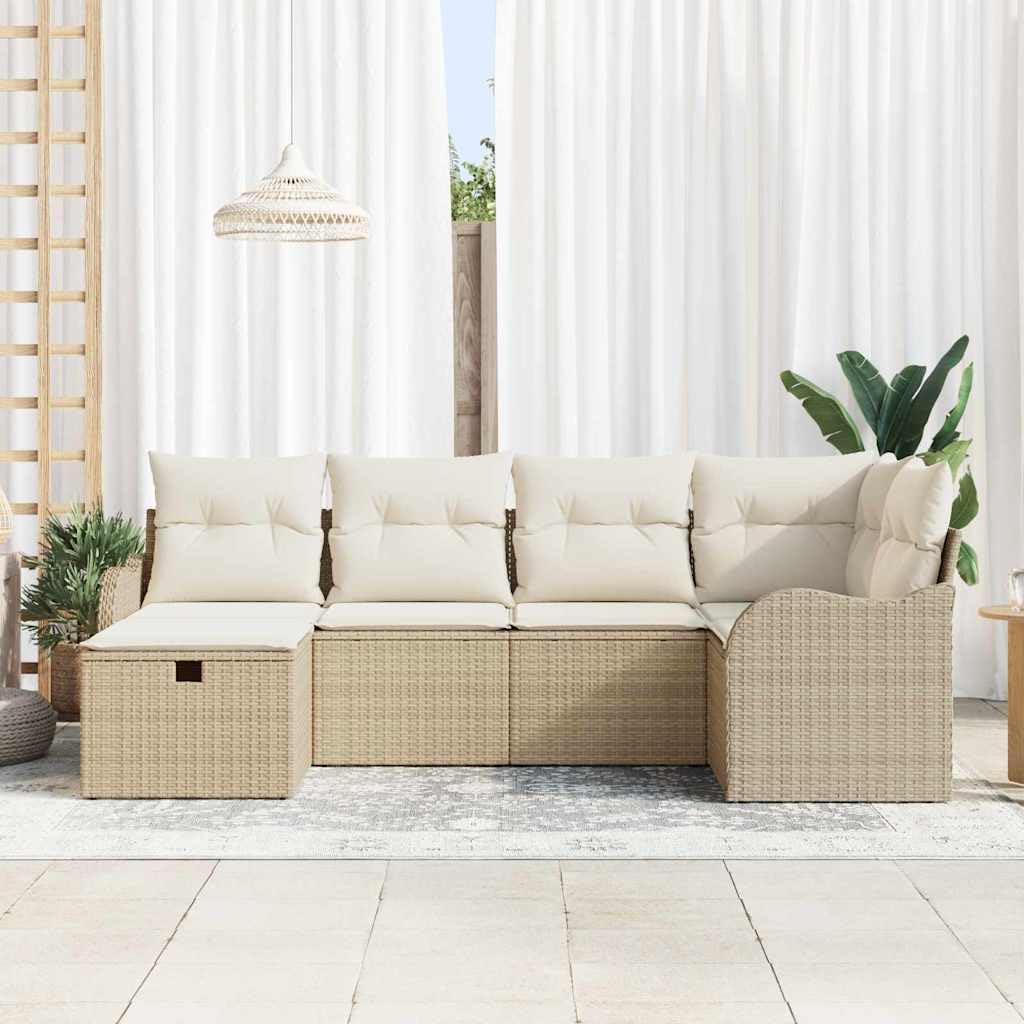 Juego de sofás de jardín modular polirratán beige 6 piezas con cojines, moderno conjunto de asientos para patio de 6 piezas con cómodos asientos y espacio de almacenamiento
