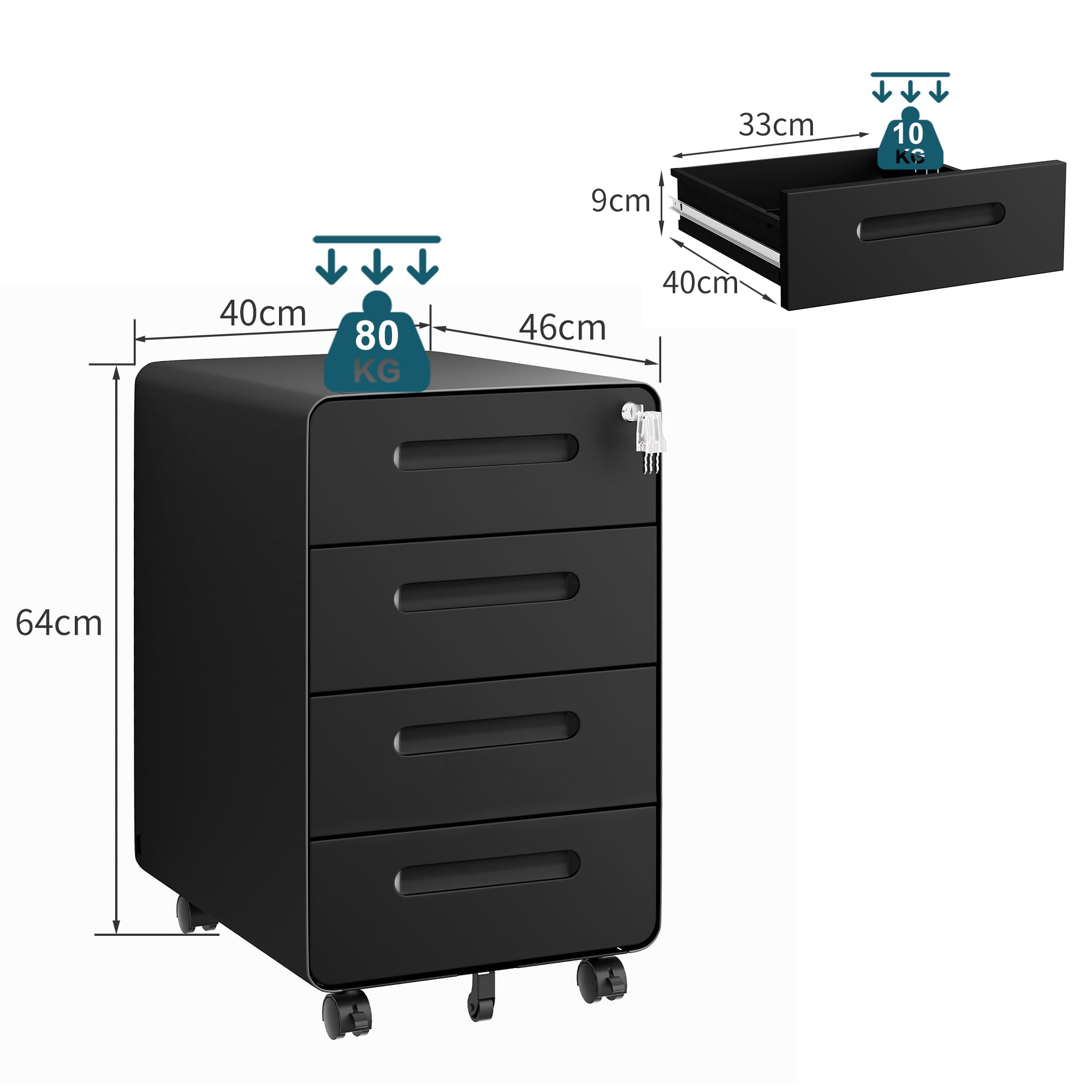 Rollcontainer mit 4 Schubladen, Aktenschrank, Abgerundetes Eckendesign, Abschließbar, 4 Schlüsseln, Schubladenschrank für Büro und Home Office, Schwarz