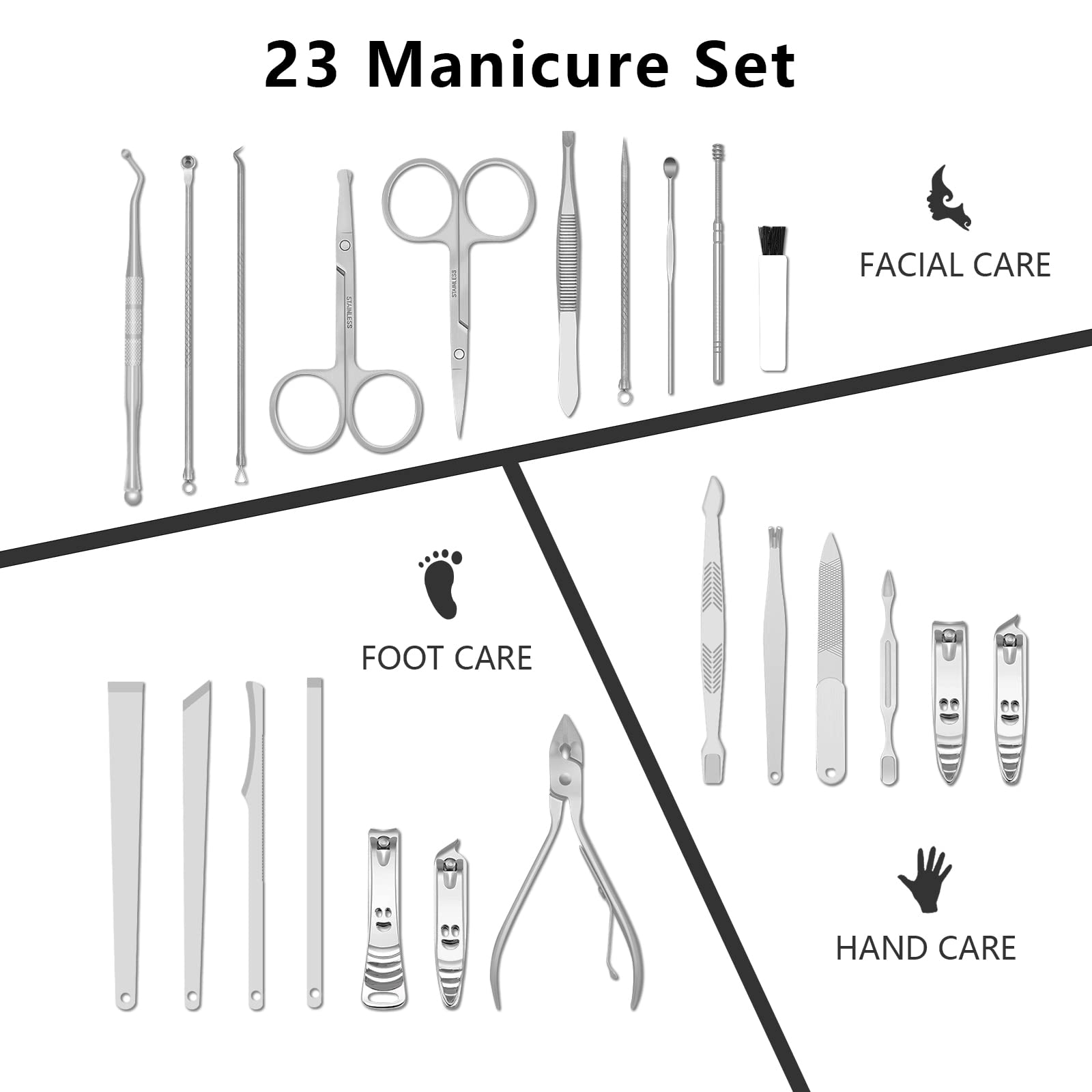 Kit Manucre Pedicure Coupe Ongle Professionnel Coupe Cuticule Acier Inoxydable Trousse Manucure Pedicure Set de 23pcs avec Exquis La Boîte (Noir/Argent)