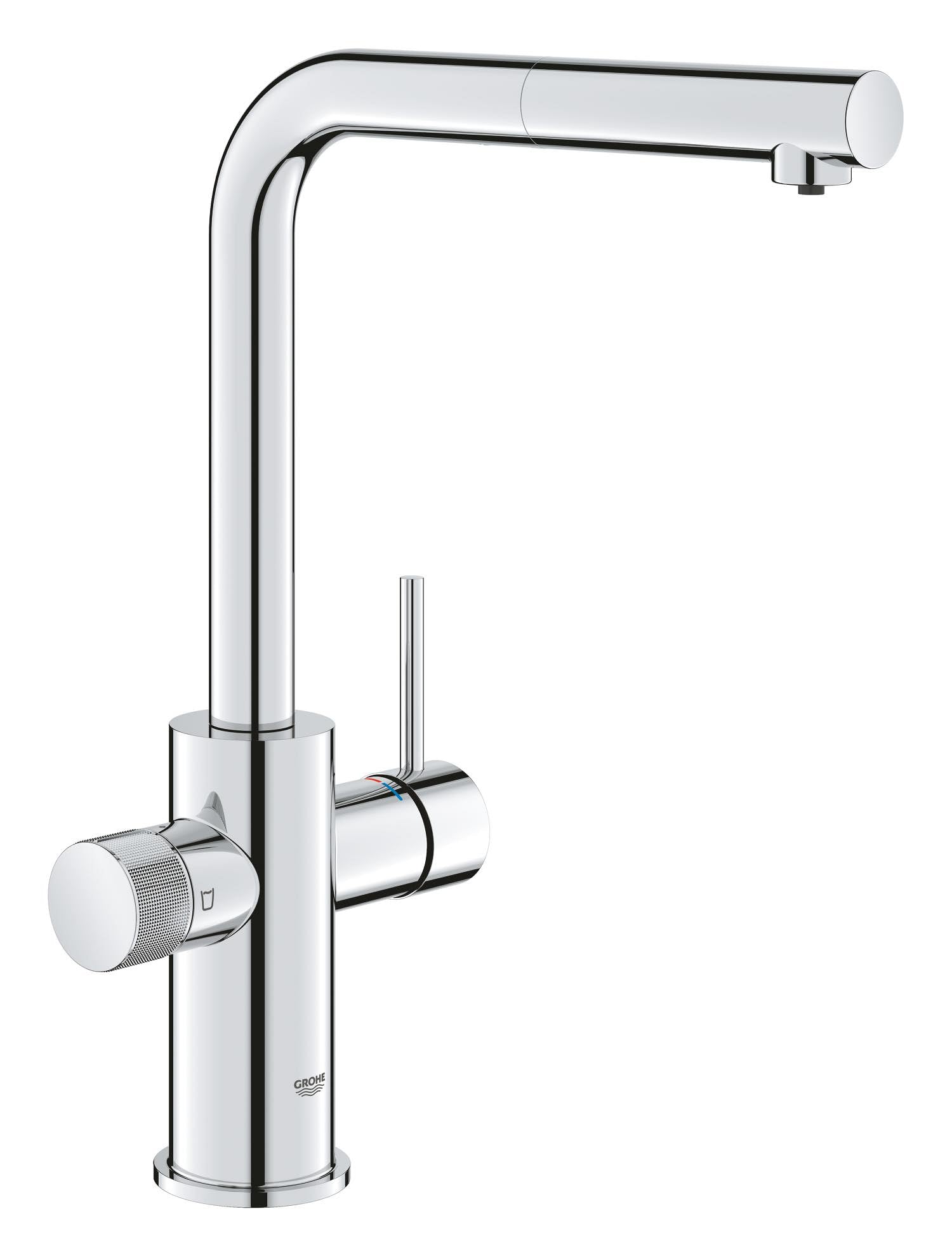 GROHE Blue Pure, Küchenarmatur herausziehbar, mit Filterfunktion (Gefiltertes Wasser: separater Griff, Filter unterhalb Spüle, Wasserhahn 360° schwenkbar, L-Auslauf, ohne Filter), chrom, 30590000