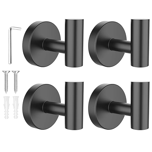 SetSail Towel Hooks for Bathrooms 4 Packs Screw-in Matte Black