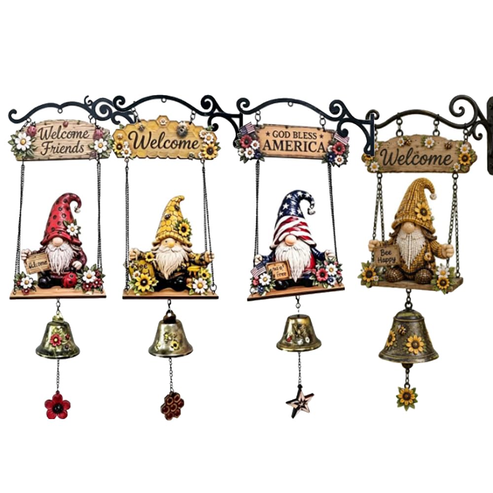 4Pcs Rustic Gnome Welcome Bell, Handmade Farmhouse Doorbell Decor for Porch
