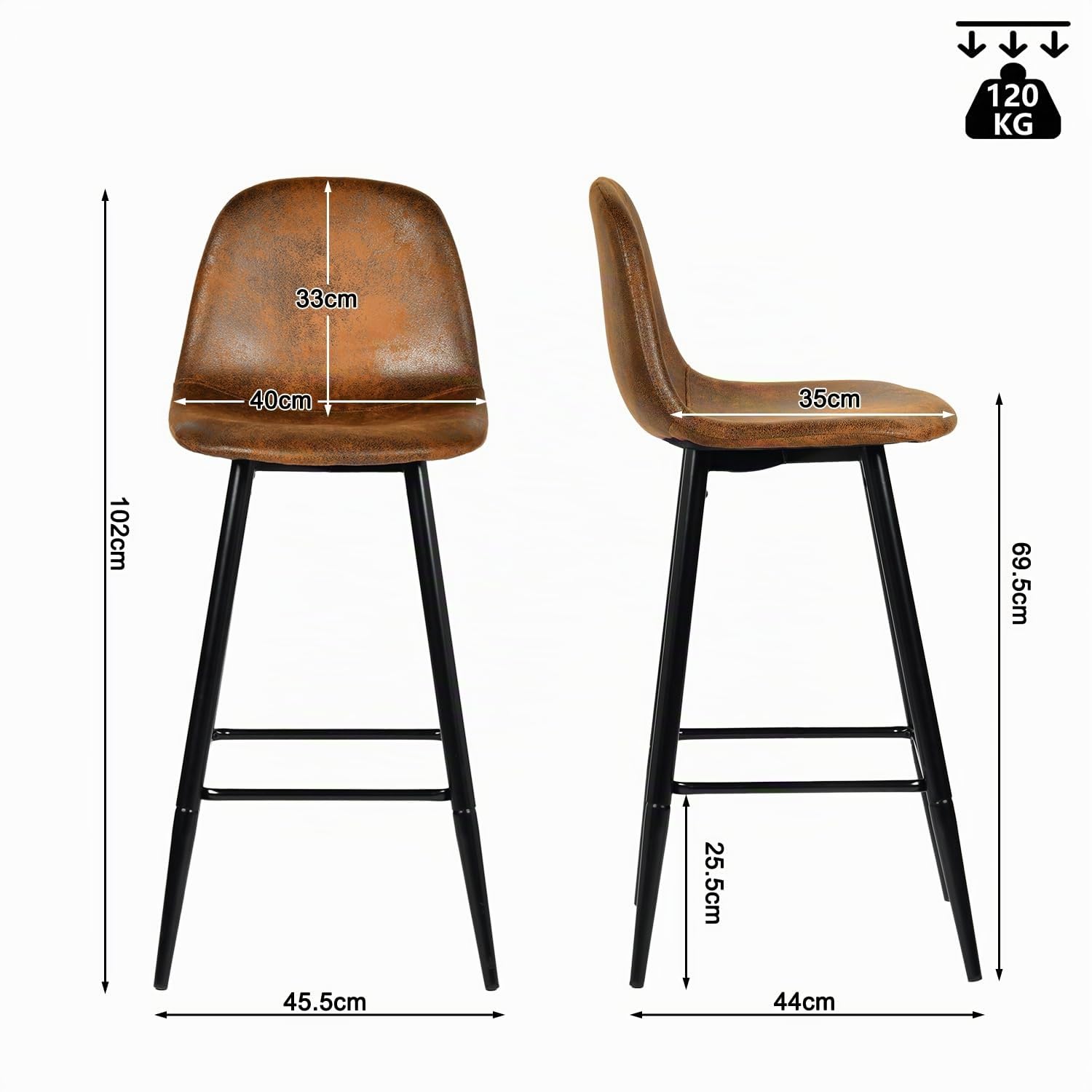 MEUBLE COSY Juego de 2 Taburete de Bar con Respaldo y Reposapiés Tapizados de Gamuza Vintage Industrial Asiento de 76 cm de Altura para Cocina, Bar, Comedor, Marrón