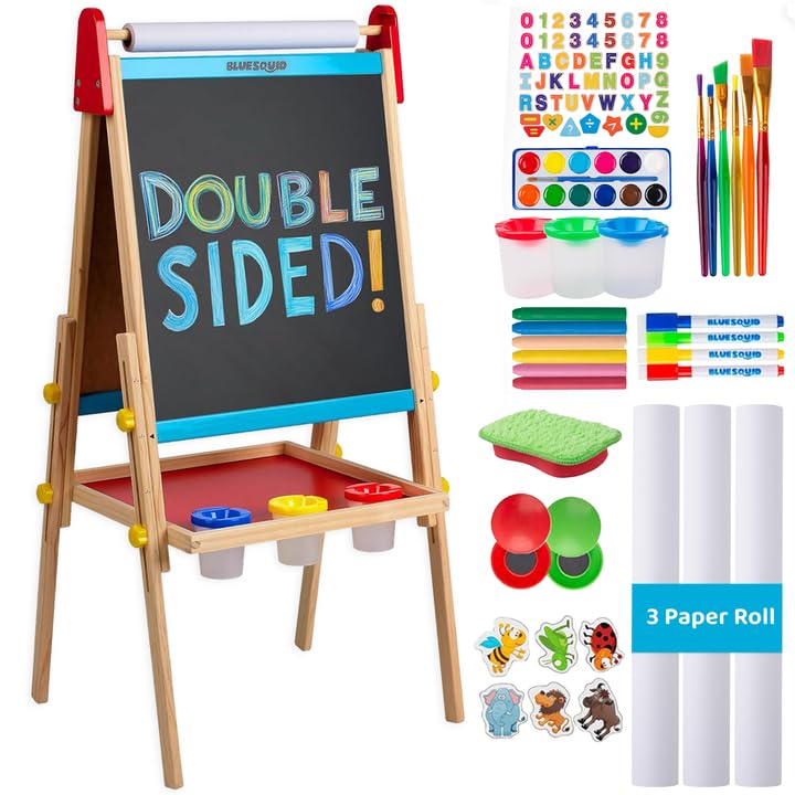 Blue Squid Art Easel for Kids with Paper Roll x 3 Includes 100+ Accessories Double Sided Adjustable Wooden Painting Easel with Magnetic Chalk Board White Board for Toddlers Ages 3 4 5 6 7 8 9 10 12