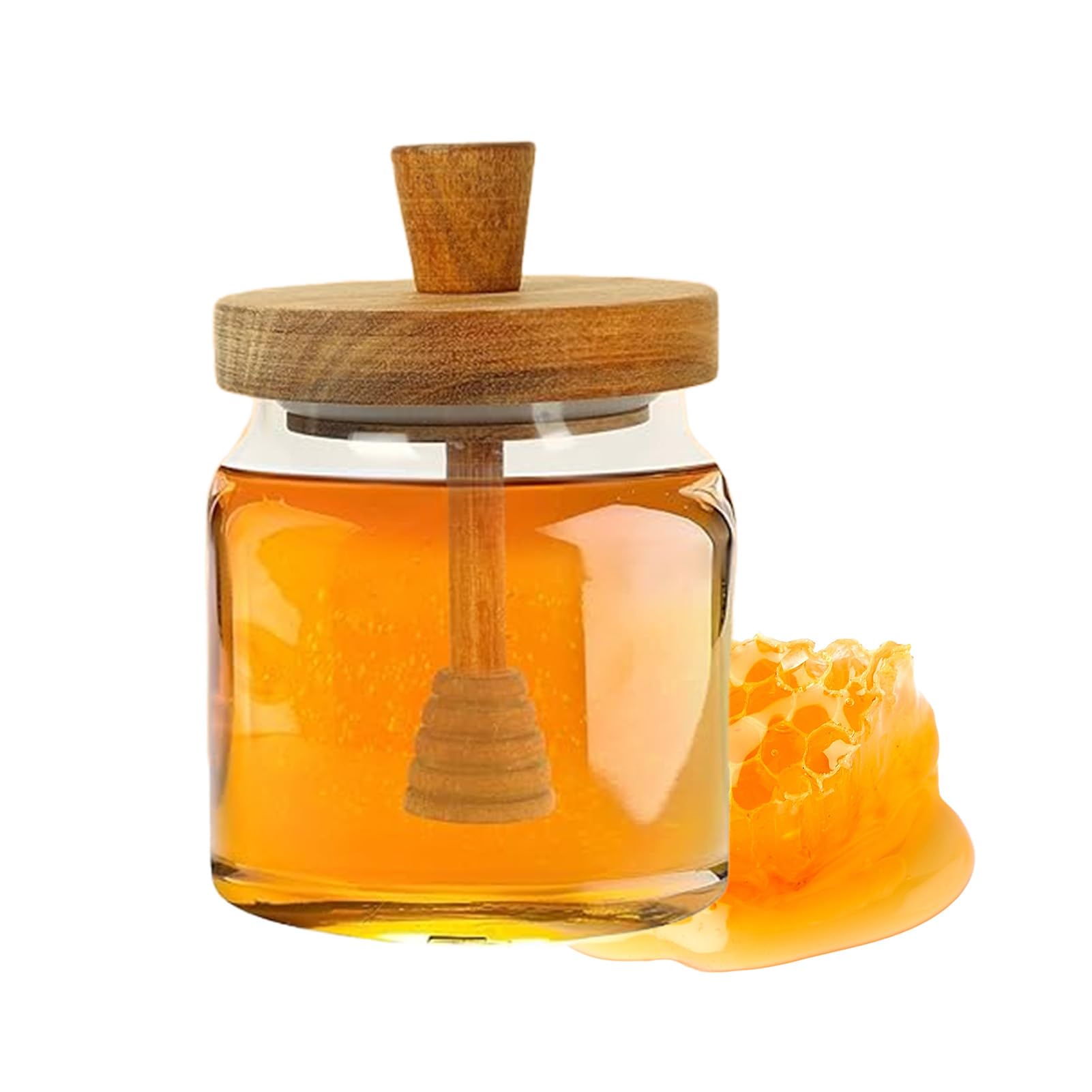 Yuedefly 16.9oz Glass Honey Pot Clear with Wooden Dipper and Lid,Honey Dispenser for Home Storage Container(500ml)