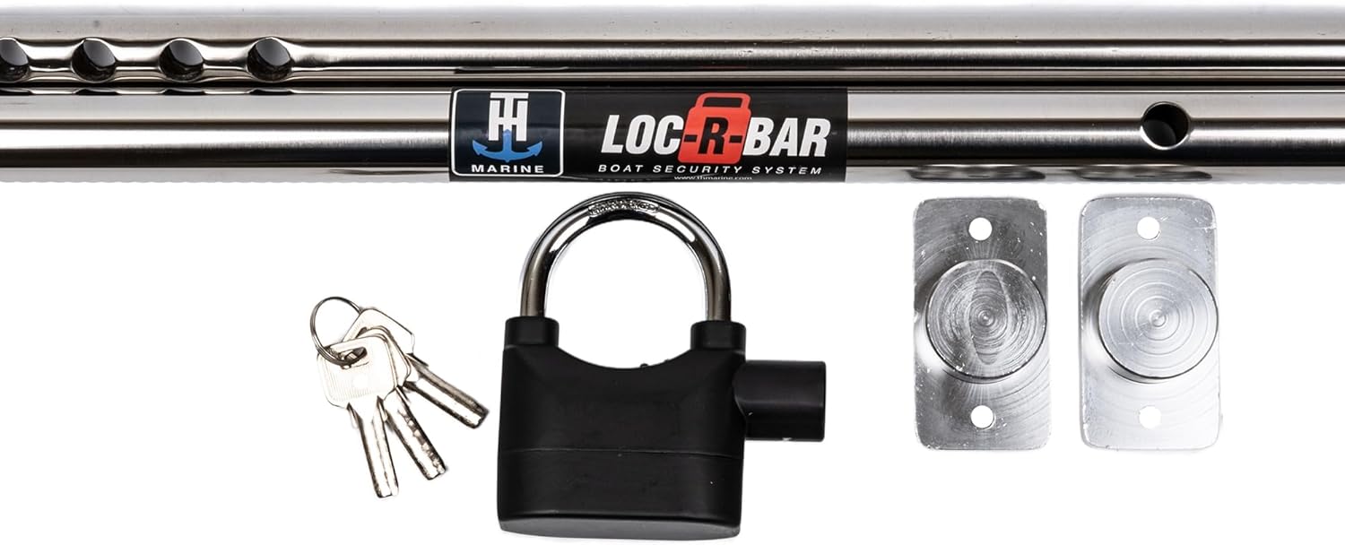 T-H Marine Loc-R-Bar Complete Alarm System – Adjustable Stainless Steel Boat Security Bar with Alarm Padlock and Mounting Brackets for Locking Deck Lockers and Rod Compartments