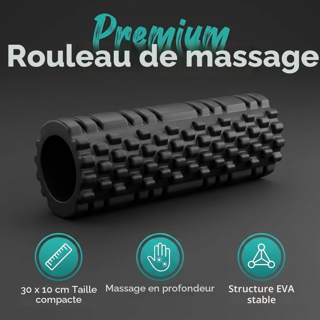 Rouleau de massage pour fascia, dos et colonne vertébrale, soulager les tensions musculaires, pour le dos, les jambes (30 x 10 cm) (Noir)