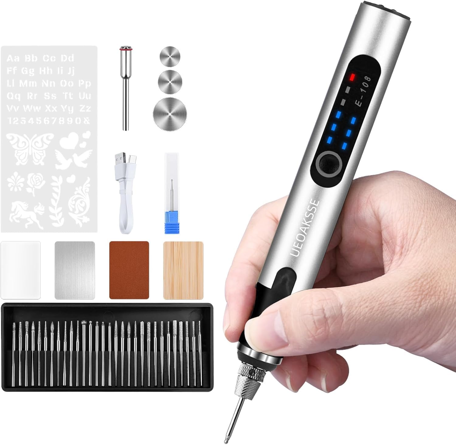 UEOAKSSE Engraving Pen Tool Kit with 50+ Accessories, Cordless Engraved Pen for 50+ Materials, 3-Speed Adjust Electric Engraver Pen for DIY, Artists, Beginner, Personalized Gifts, Silver