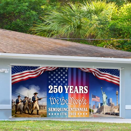 Image of 16x7 ft USA 250 Years History Garage Door Banner - inchWe the People inch Tribute with Soldier & Statue of Liberty Scene, Hanging Large Backdrop for Semiquincentennial Events & Patriotic Display