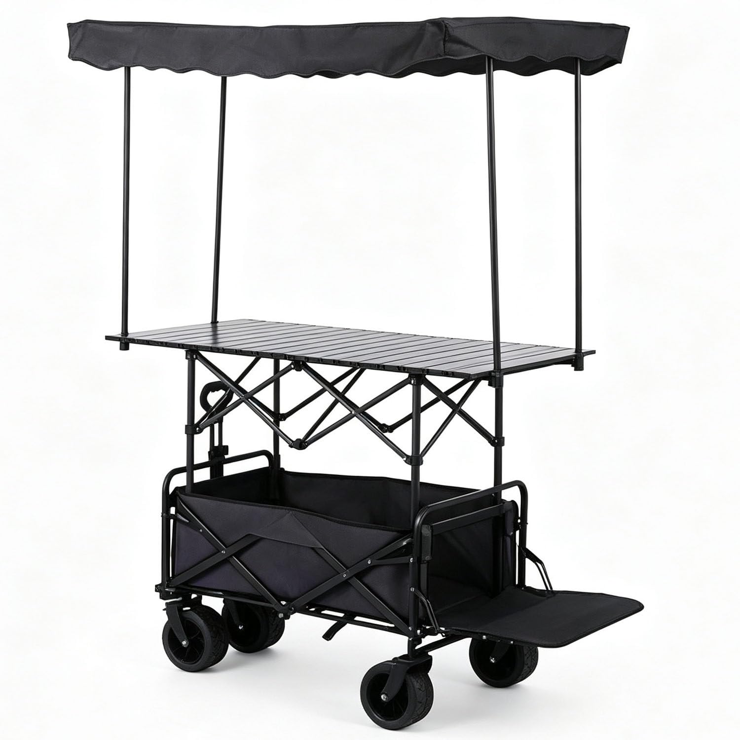 GYKOZY Portable Mobile Street Vendor Food Cart Market Stall Table, Foldable Wagon Cart with Canopy, Heavy Duty Garden Cart with Wheels, for Market Street Food & Events (Black)