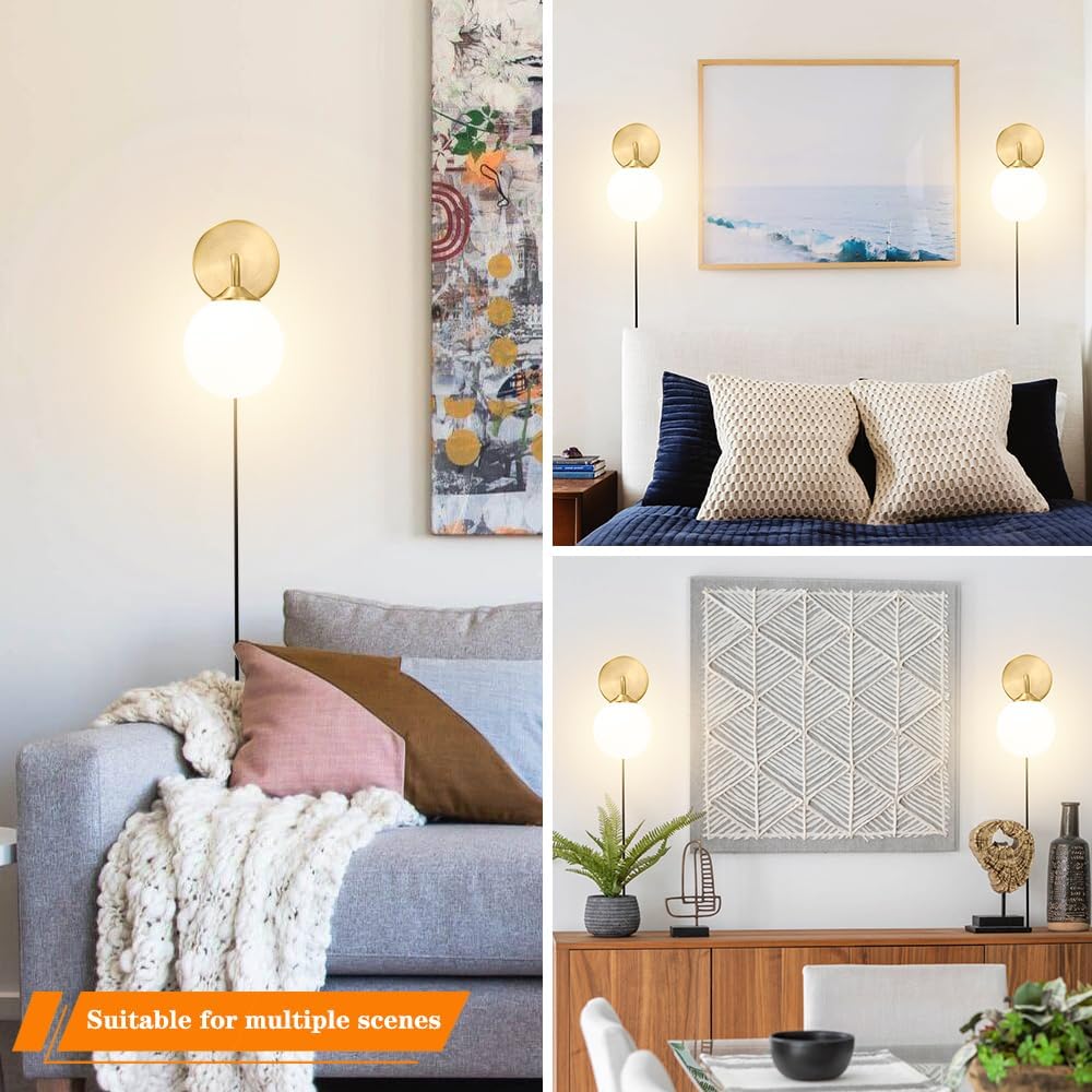 Gold Plug in Wall Sconce Set of 2, Wall Light Fixture with Plug in Cord On/Off Switch, Mid Century Art Deco Wall Lighting Fixture with Milky White Globe Glass Lampshade for Bedroom Living Room Hallway