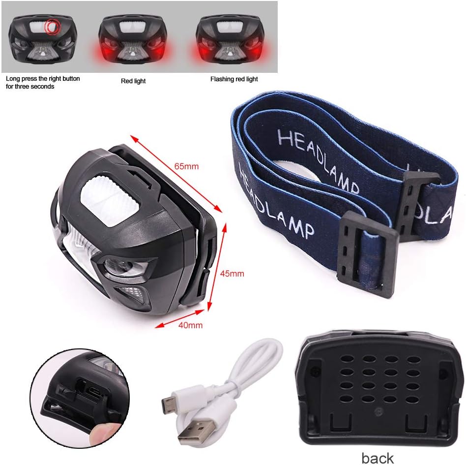 Head Lamps, 3 Modes USB Rechargeable Headlamp Flashlight, Great for Camping, Hiking, Dog Walking, Kids, Water and Shock Resistant, Adjustable, Batteries Included(Black+Blue)
