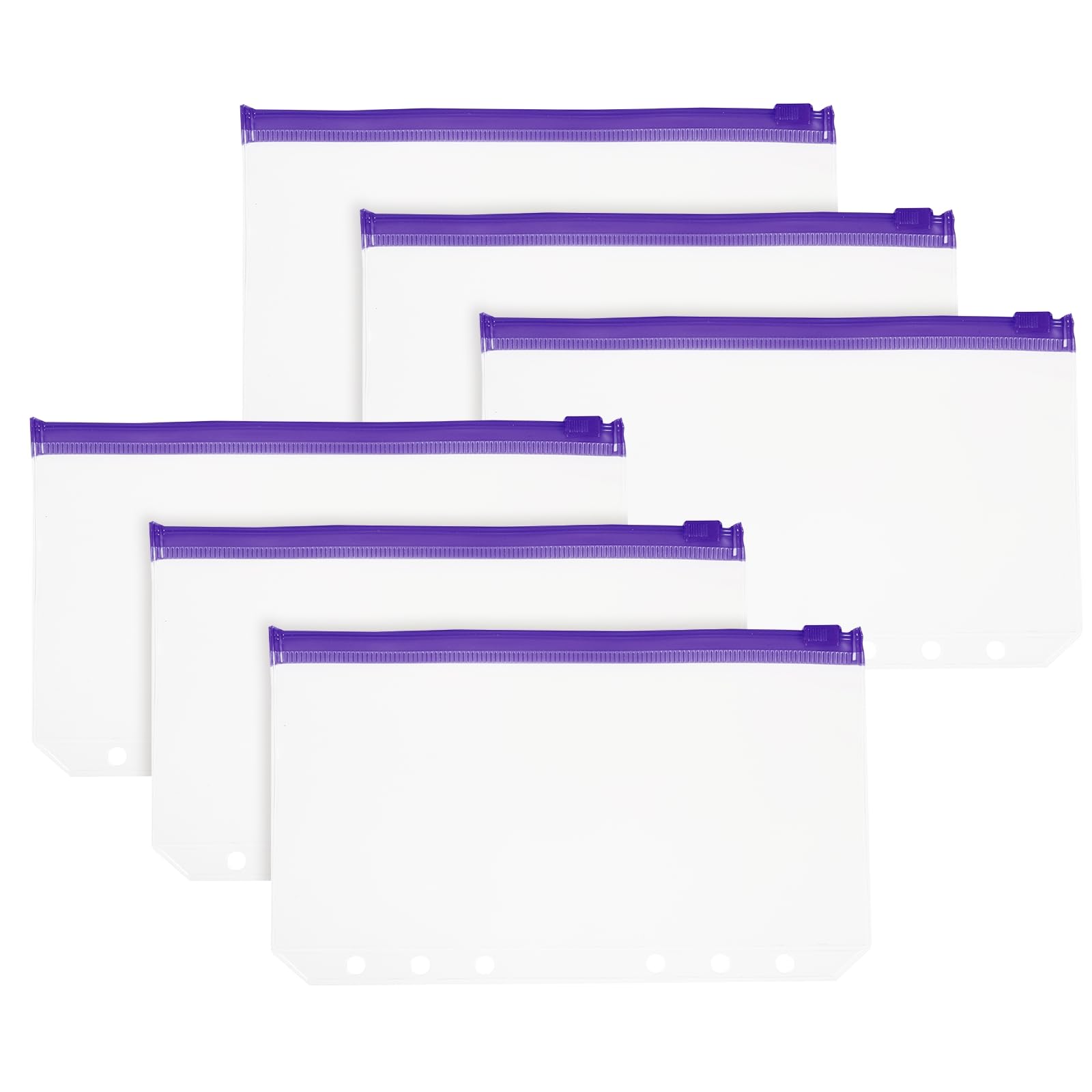 PATIKIL A6 Binder Pocket, 6 Pack 6 Holes Zipper Binder Pouch Budget Stuffing Envelopes Clear Storage Pocket Waterproof for Budget Planning Loose Leaf Bags, Purple Zip/Clear Pouch