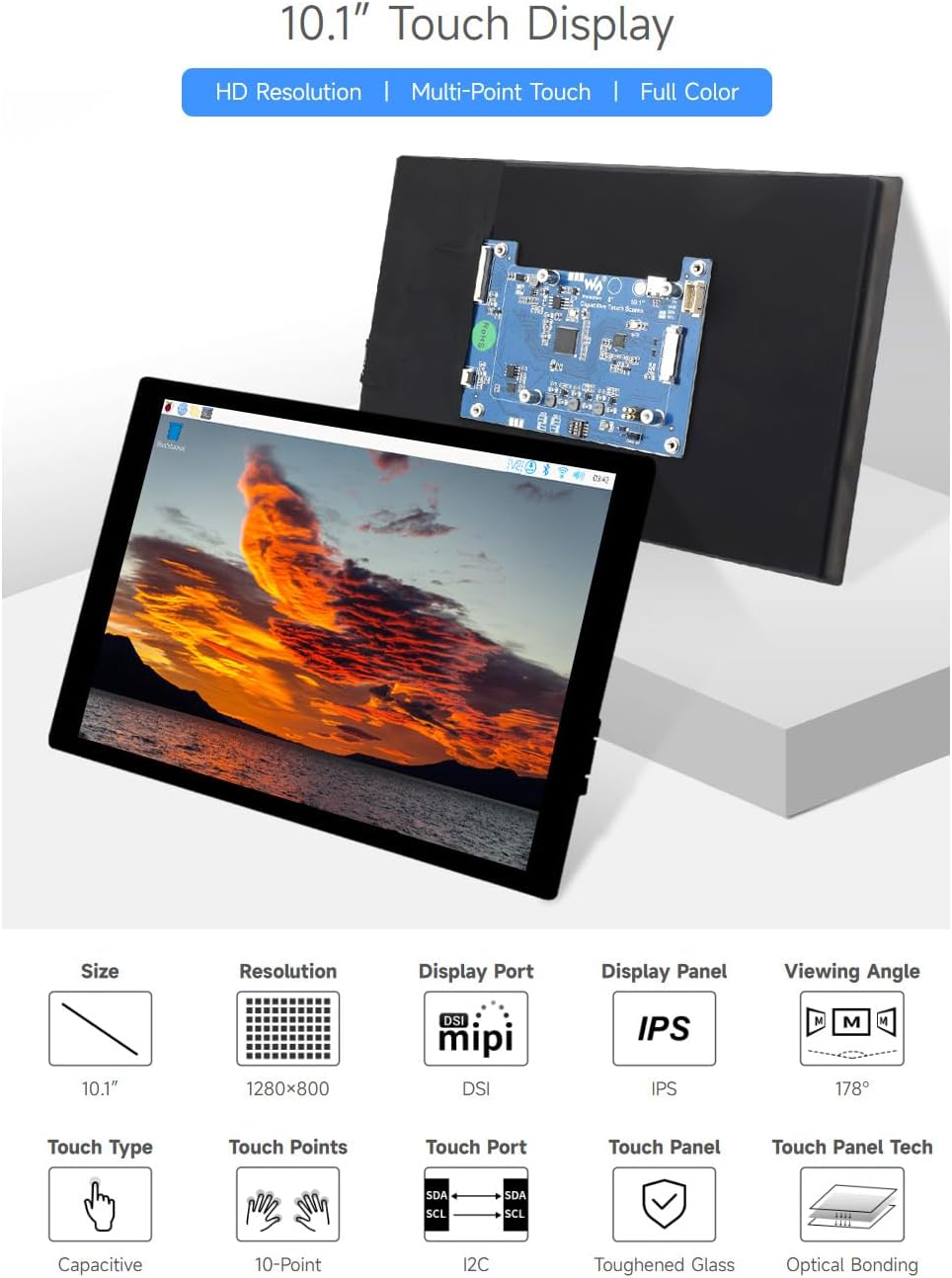 waveshare 10.1inch Capacitive Touch Display Compatible with Raspberry Pi 5/4B/3B+/3A+, CM3/3+/4*, 1280×800, IPS, DSI Interface