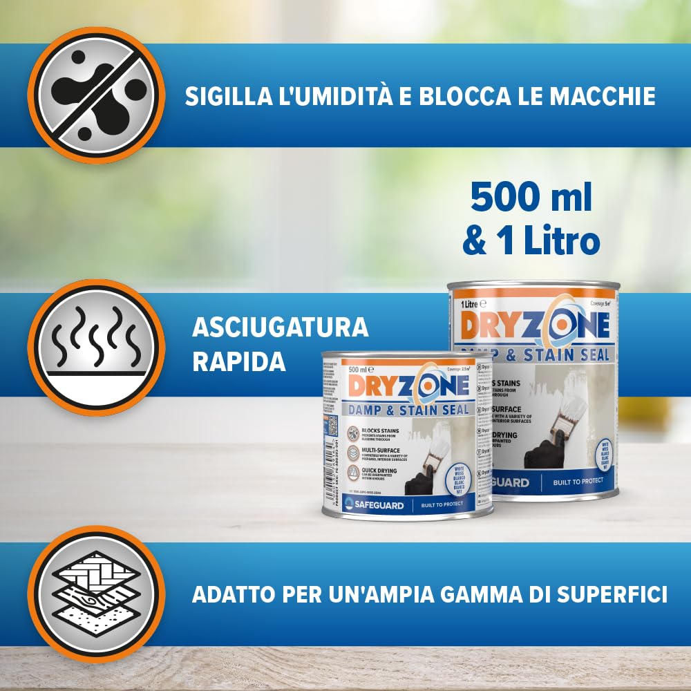 Dryzone Vernice antimacchia bianca e a prova di umidità (1 litro), blocca umidità, muffa e macchie in una sola mano su intonaco, mattoni, cemento, superfici interne in pietra