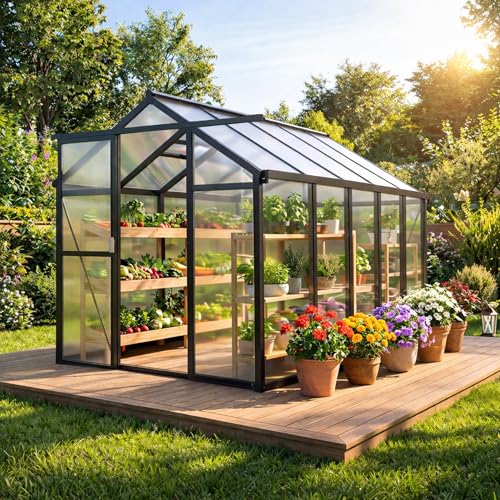Garvee 6 X 10 Ft Greenhouse, Greenhouses for Outside, Polycarbonate Greenhouse with Aluminum Frame, Lockable Door and Ajustable Roof Vent for Backyard, Green Houses for Outside Garden Backya