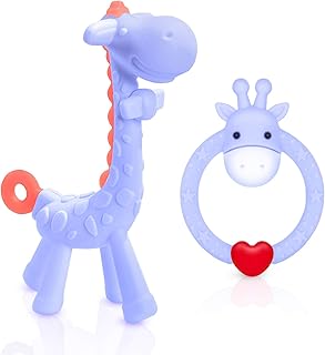 TitaCare BPA Free 2 Silicone Giraffe Baby Teether Toy with Storage Case for 3 Months About Gum Pain Relief Set of 2 Different Teething Toys (Purple)