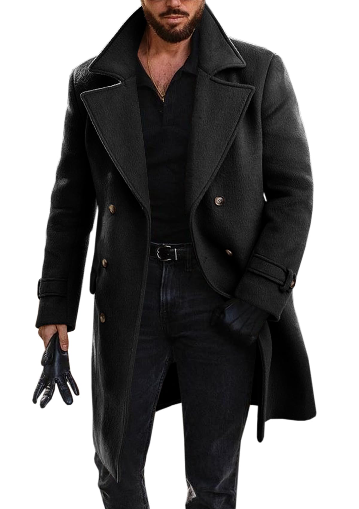 Runcati Mens Double Breasted Trench Coat Mid Long Jacket Notched