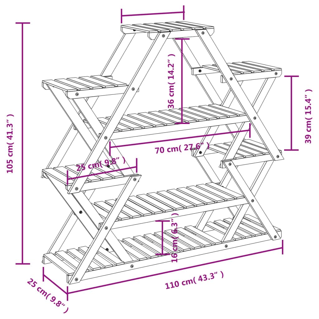 Soporte para flores de madera maciza de abeto carbonizado, 110 x 25 x 105 cm, resistente estantería para plantas con mucho espacio para decoración, ideal para salón, balcón o terraza.