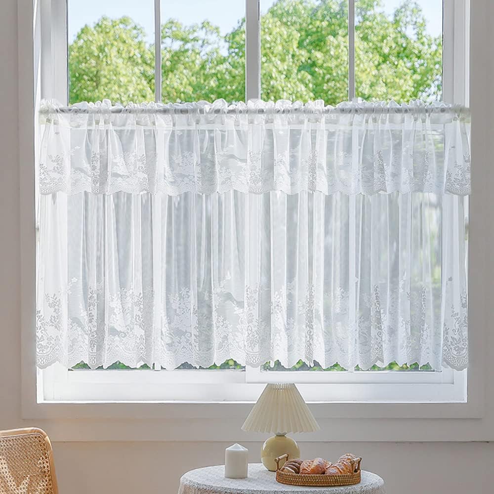 WINYY Green Leaf Sheer Curtain for Bedroom Living Room Home Decoration Embroidery Voile Curtain Window Treatment Rod Pocket Top 39W x 42L - 1 Panel White
