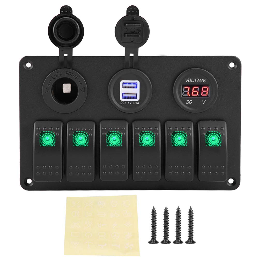Impermeabile 4 Gang Marine Boat ON/OFF Interruttore a levetta Pannello e 4.2A Dual USB Socket e Voltmetro e accendisigari Blu LED Light(Green