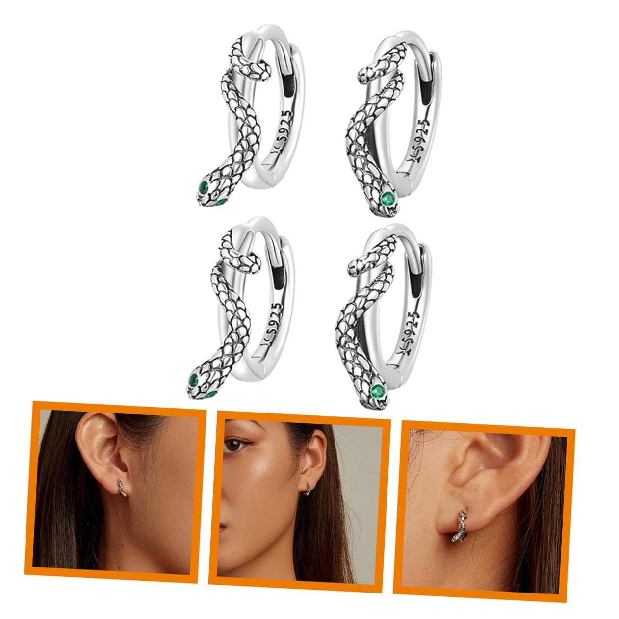 Hohopeti 2 Paare Sterling Silber Schlangen Ohrringe Damen Ohrstecker mit Grünem Zirkonia Hypoallergen Minimalistisches Design Sicherer Verschluss Modische Schmuckstücke für Alltag und