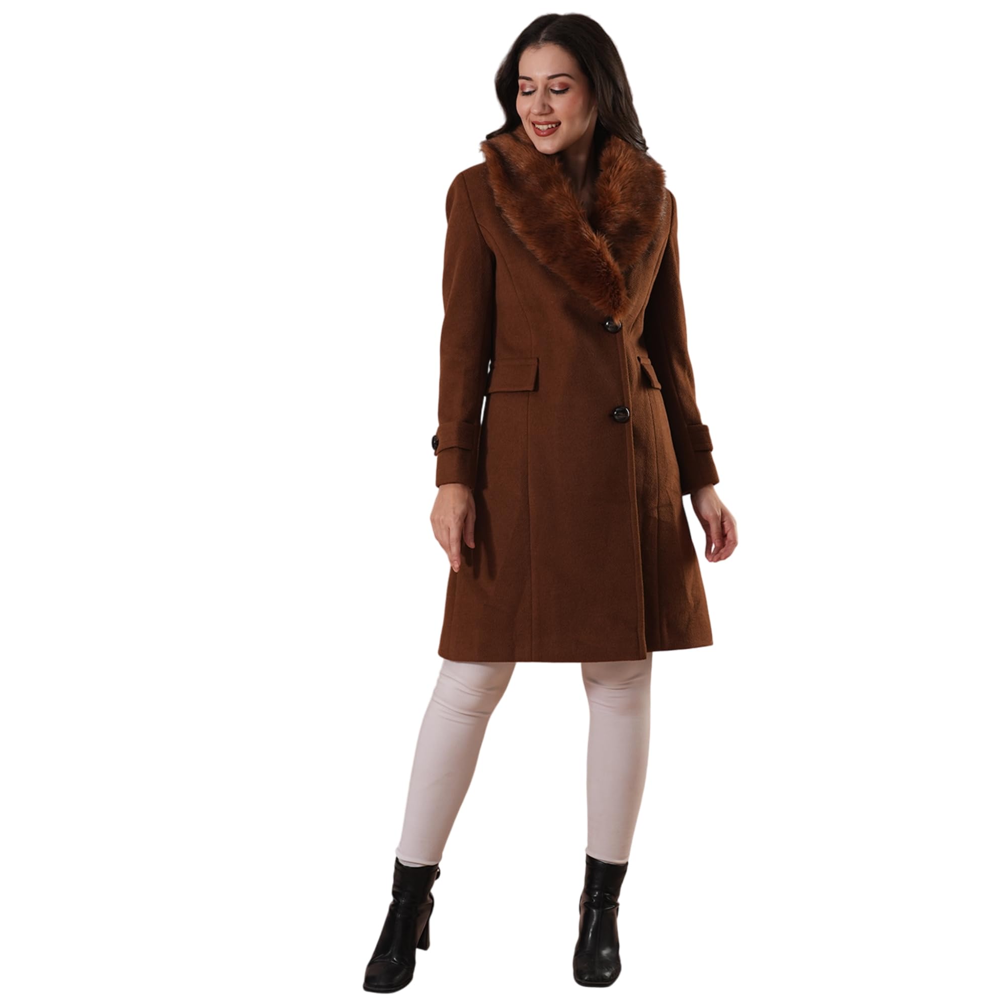 globus Women Faux Fur Shawl Lapel Long Sleeves Checked Self Design 2 Flap Pockets Tailored Fit Winter Wear Overcoat-picture-12