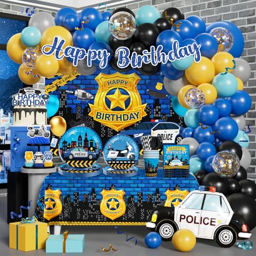 288 Pcs Police Birthday Party Decorations Worry-Free One-Stop Set Serves 25 Guests with Police Balloons Backdrop Thick Plates and Cake Toppers Easy Setup for Police Party Decorations