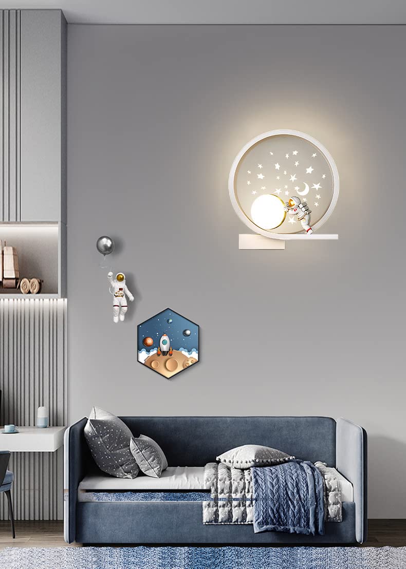 Aplique Pared LED Interior Regulable Lámparas de cabecera Moderna Redonda Lámpara de Pared Astronauta Creativo Luz de Pared para habitación de bebé Infantil Dormitorio Niños cabecera Salón, 12W (A)