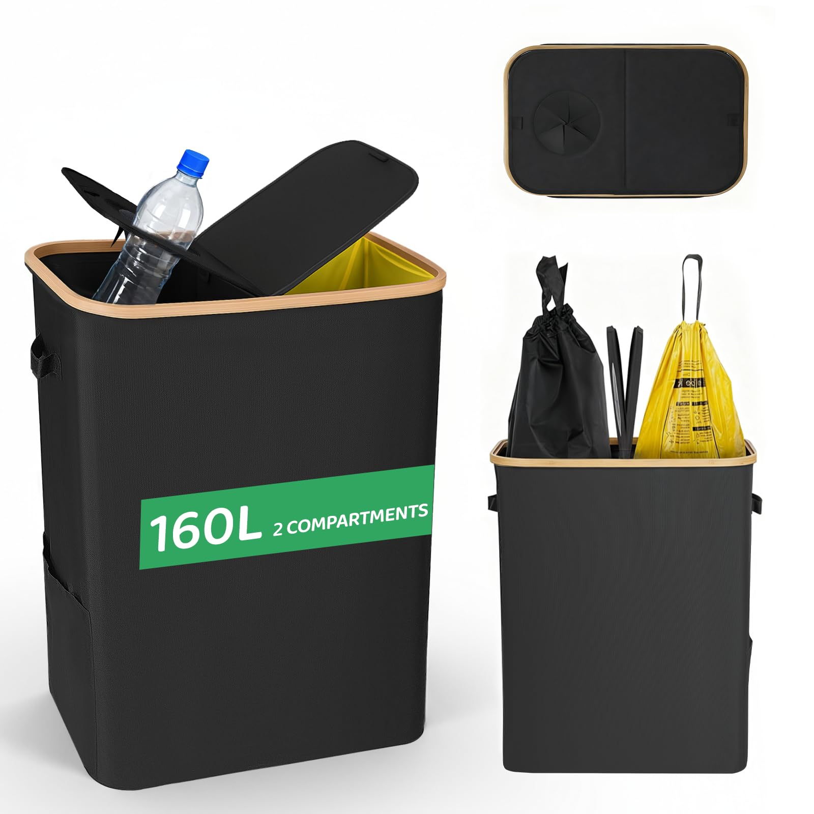 160L Collecteur de Bouteilles Avec Couvercle, 2 Compartiments Poubelle de Recyclage Poubelle Tri Selectif pour Plastique, Bouteilles Verre, Poubelle Exterieur de Recyclage avec Trou,
