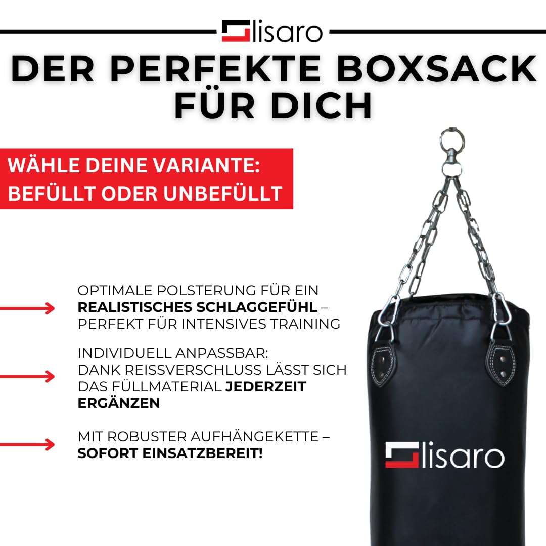 Lisaro Profi Boxsack 120/150 cm gefüllt/ungefüllt | Sandsack in Studioqualität für Boxen, Kickboxen & MMA | Kunstleder (Vinyl) | inkl. 4-Punkt Stahlkette | Schwarz