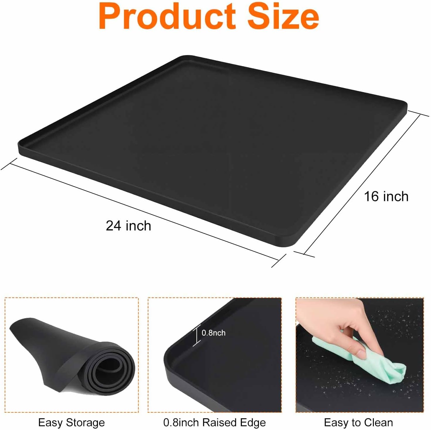 Water Cooler Mat, 24x16x0.8 Inch Non-Slip Thick Under Water Dispenser Silicone Mat With Raised Edges, Leak-Proof Air Conditioner Drip Pan For Carpet Floor Protection, Black