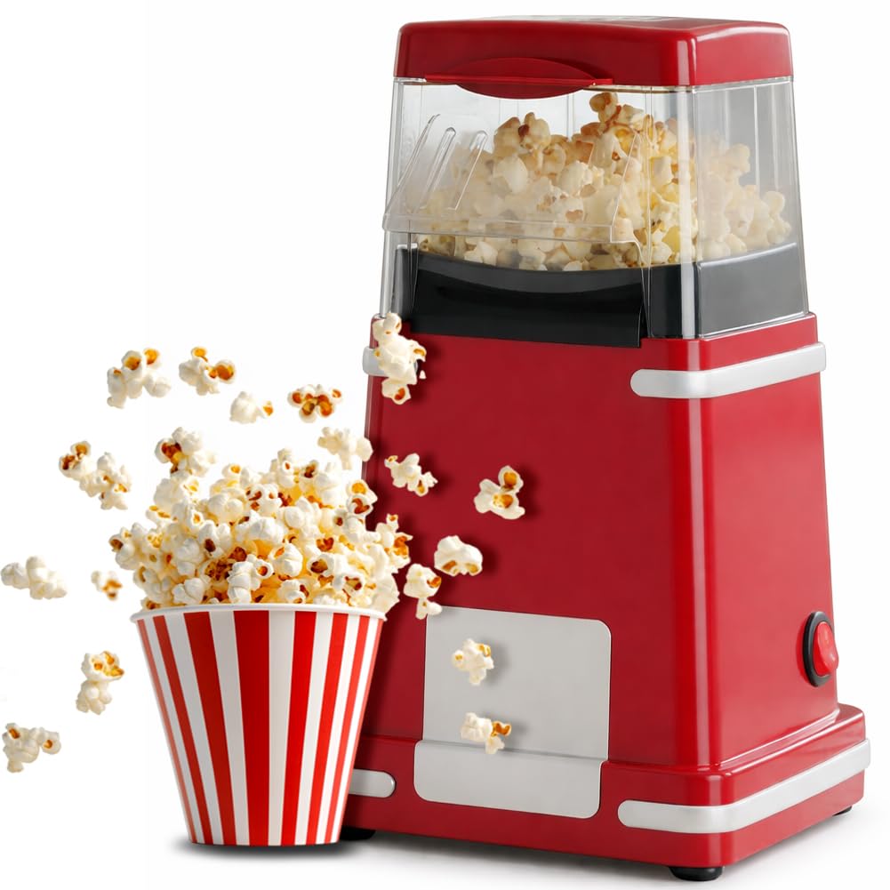BAKAJI Macchina per Popcorn ad Aria Calda 1200W Potenza con Dosatore Cucchiaino Incluso, Popcorn Machine Design Retrò Facile da Usare One Touch Pronti in 3 Minuti, Perfetta per Feste e Serate Cinema
