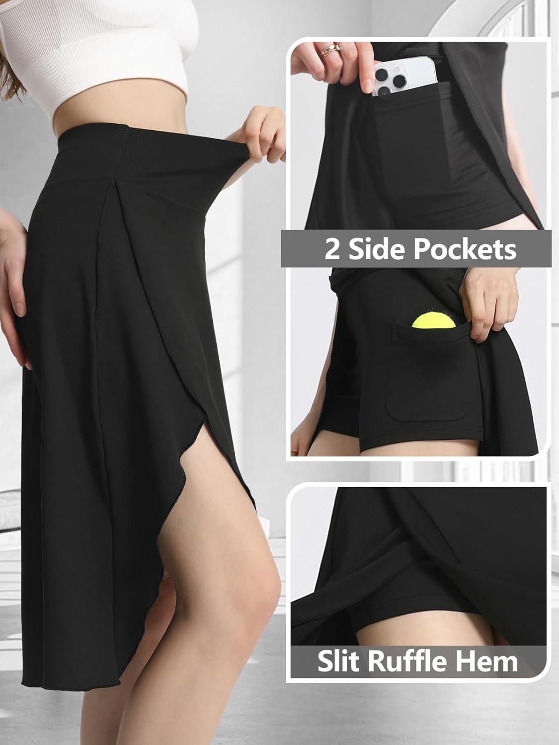 Bezioner Women's Skirt with Shorts High Waist Athletic Skort with Pockets Midi Length Flowy Skirt with Slit Ruffle Hem - Image 4