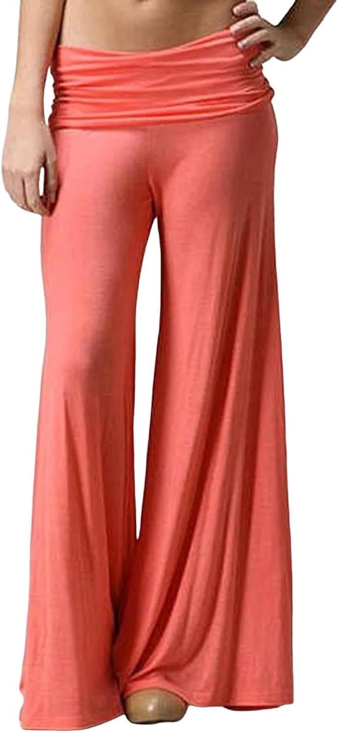 Coral Fold Over Yoga Pants for Women and Girls Wide Leg Leggings Ruched Waist Sports Leggings Cotton Loose Fit