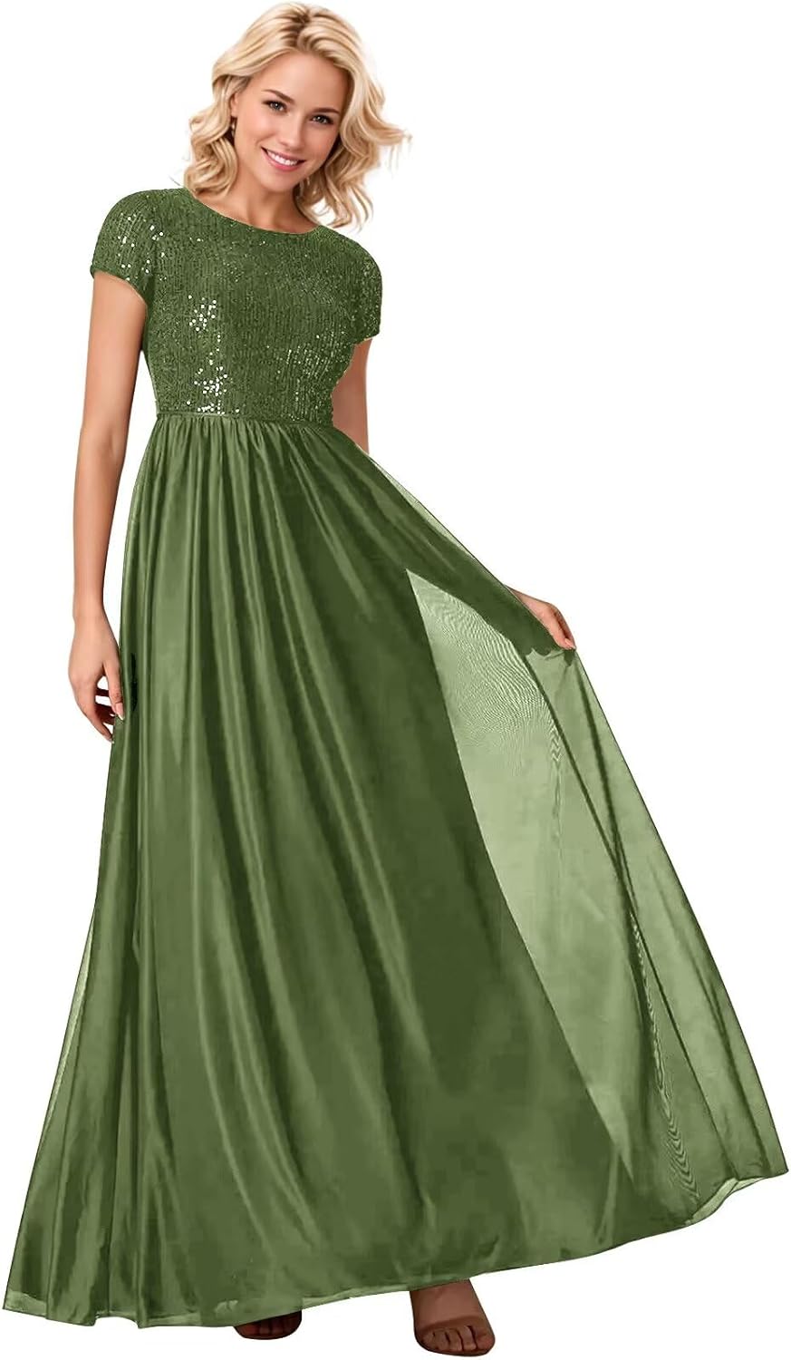 Mother of The Bride Dresses Sequin Chiffon Crew Neck Short Sleeves Maxi Formal Evening Dress