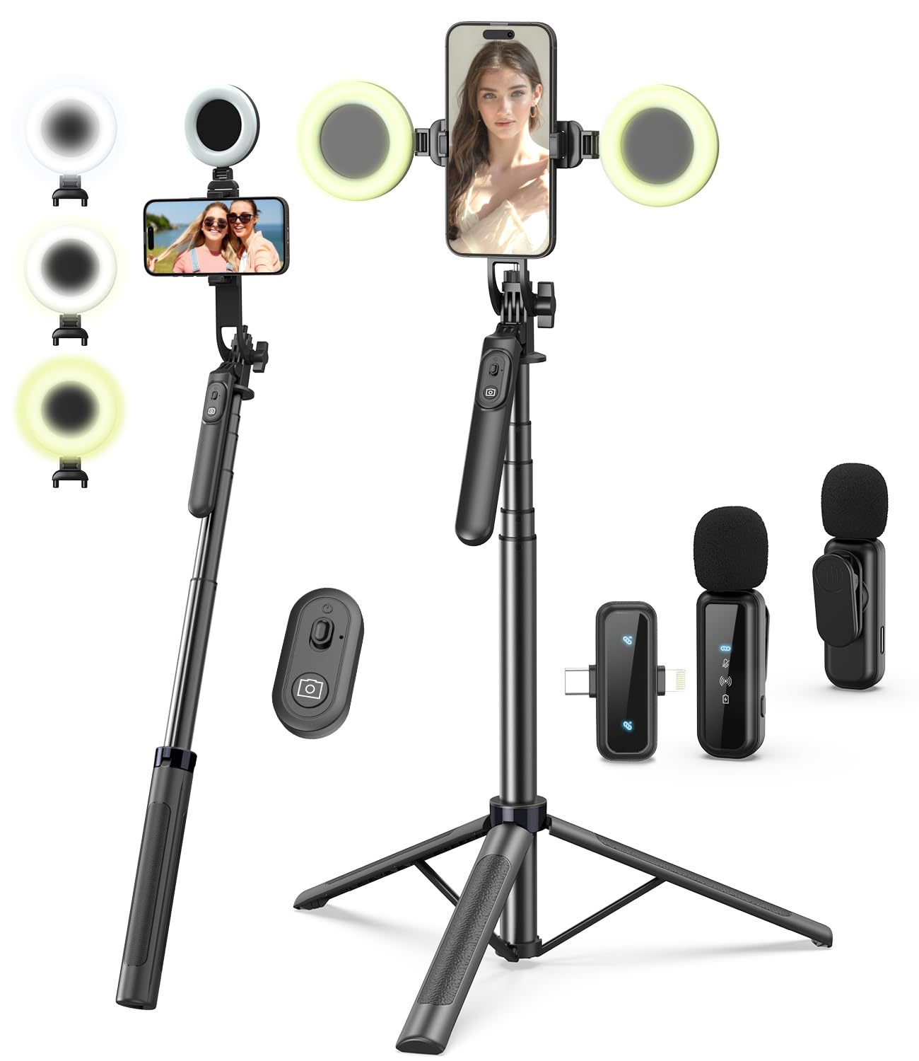 Vlogging Kit for iPhone/Android, 71" Selfie Stick Tripod with Fill Light, Wireless Remote & Microphone, Adjustable Phone Tripod for TikTok/YouTube Starter Essential Content Creators
